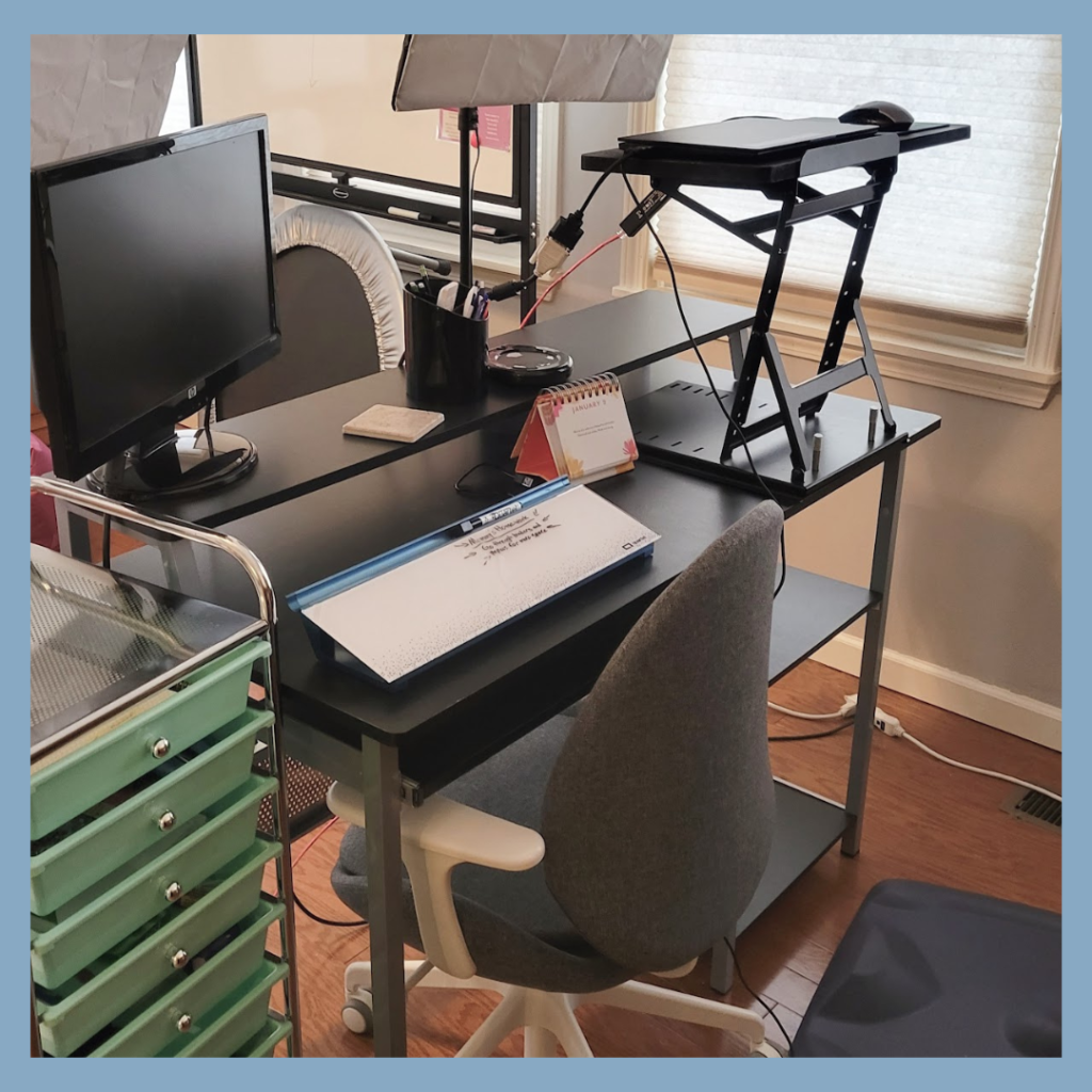 Rachel Baker's old desk set up for working from home.